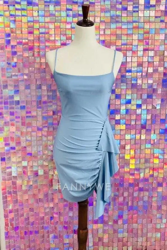 FannyWe Simple Misty Blue Straps Ruffles Tight Party Dress formal wear dresses